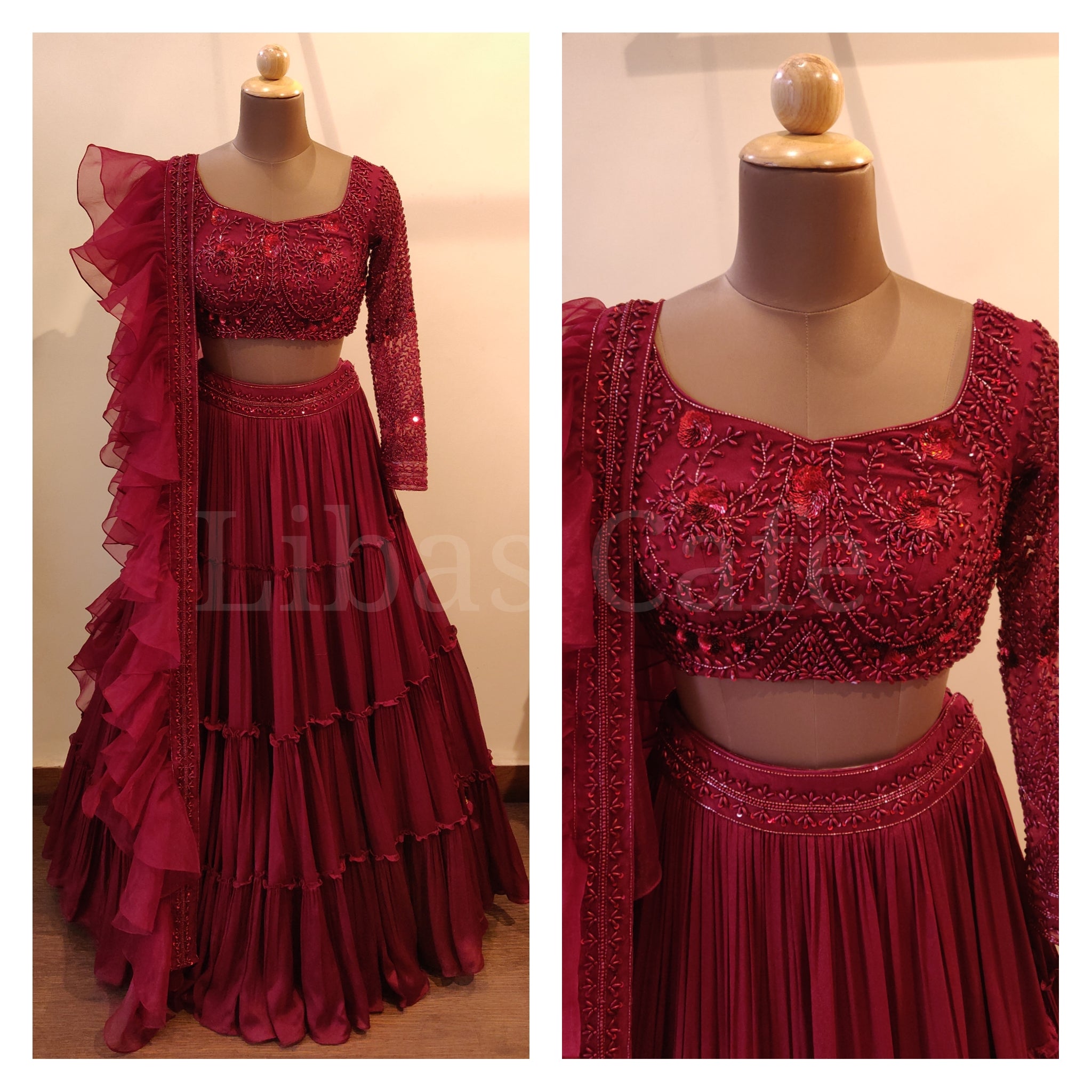 Maroon Ruffle Dupatta Pearl Lehenga